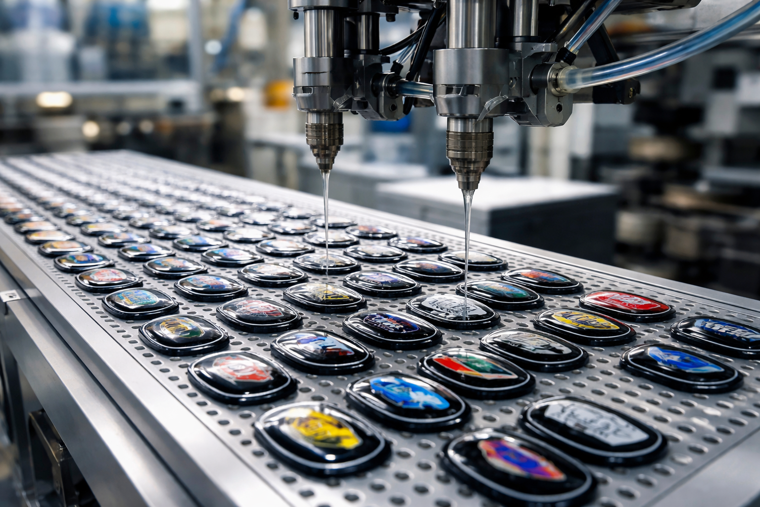 Custom plastic emblems being produced by a custom plastic emblems manufacturer at King Epoxy Emblem Co., Ltd for durable product branding.